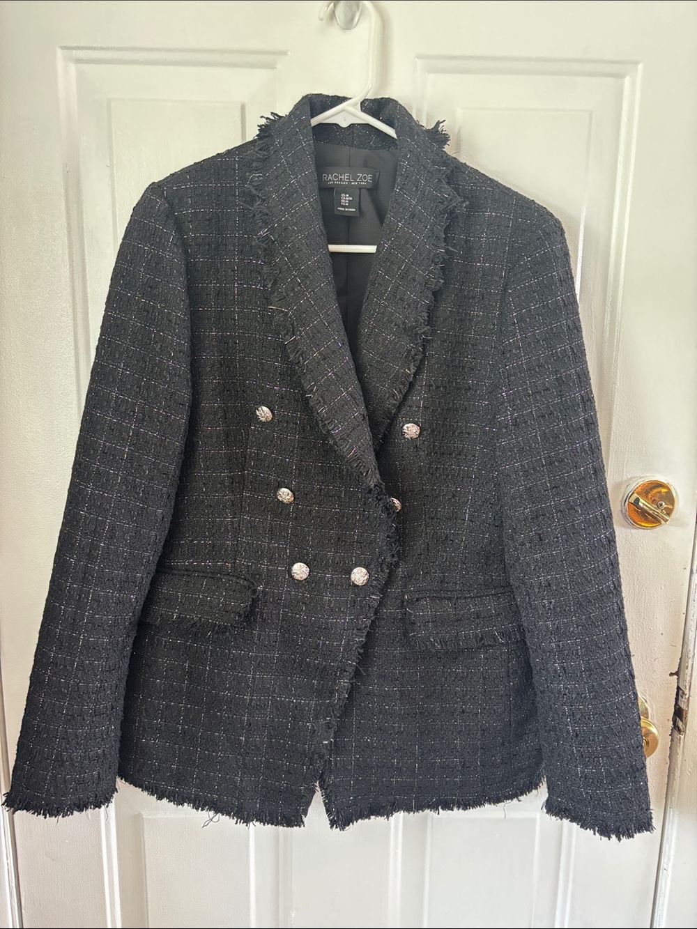 Rachel Zoe Black Tweed Double-Breasted Frayed-Trim Blazer